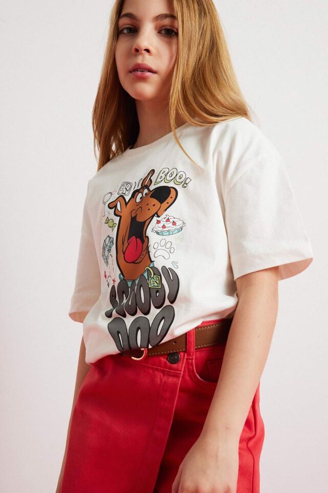 Kız Çocuk Scooby Doo Oversize Geniş Kalıp Bisiklet Yaka Kısa Kollu Tişört