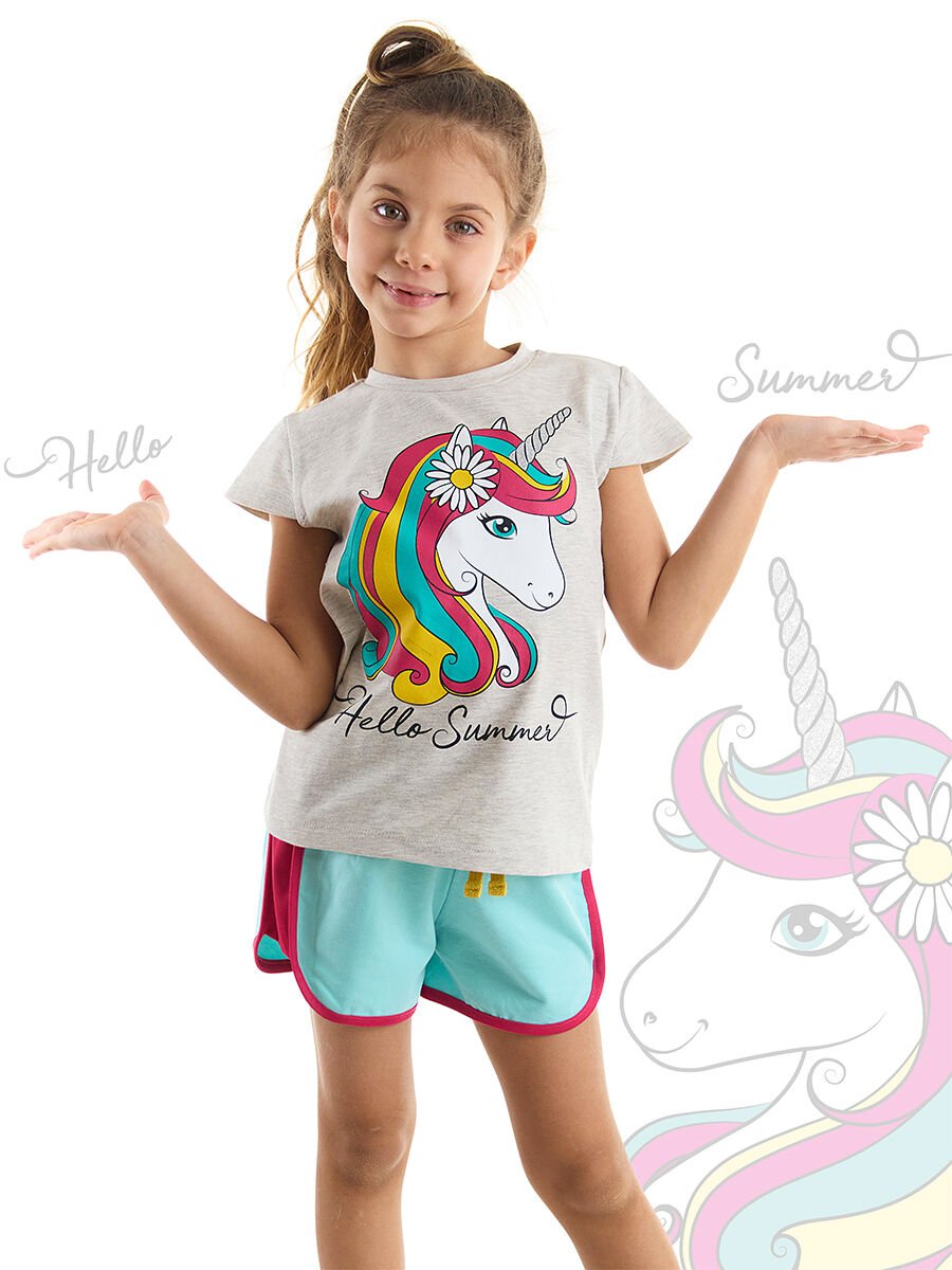 Çiçekli Unicorn Kız T-Shirt Şort Takım 7 Y - Turkuaz, Krem