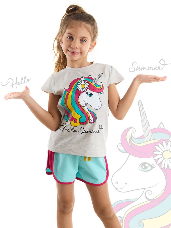 Çiçekli Unicorn Kız T-Shirt Şort Takım 7 Y - Turkuaz, Krem