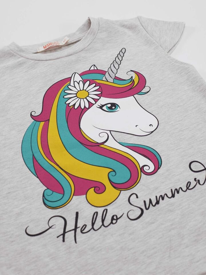 Çiçekli Unicorn Kız T-Shirt Şort Takım 8 Y - Turkuaz, Krem