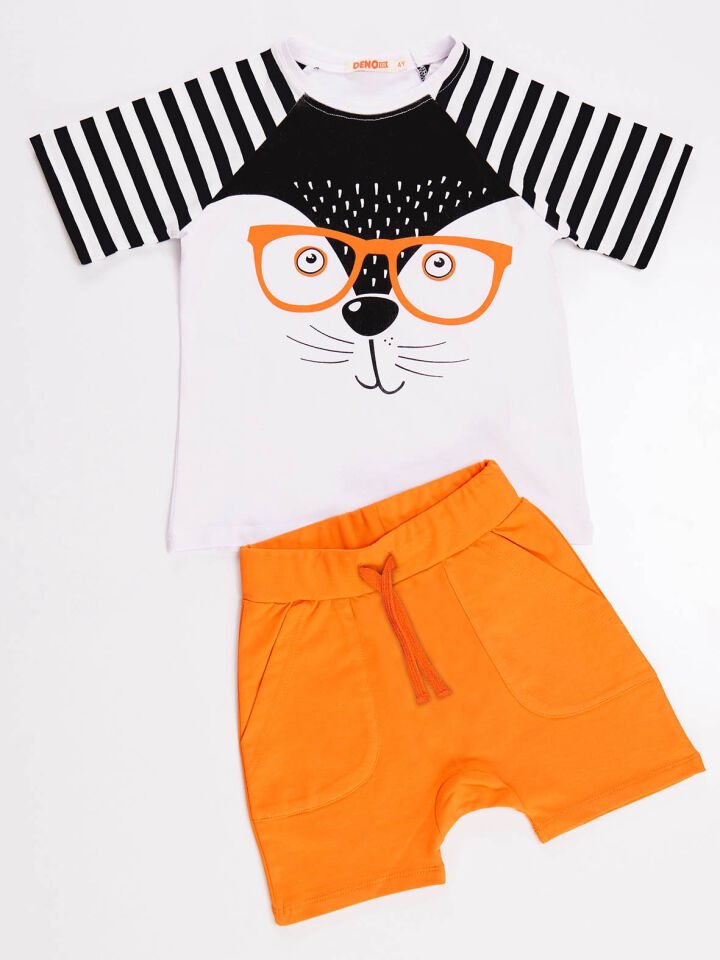 Hipster Erkek Çocuk T-shirt Şort Takım 2 Y - Beyaz, Turuncu