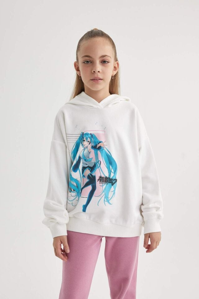 Kız Çocuk Hatsune Miku Oversize Geniş Kalıp Kapüşonlu Sweatshirt