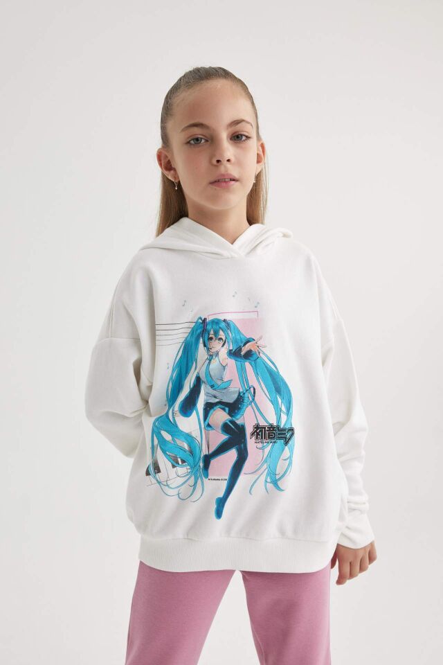 Kız Çocuk Hatsune Miku Oversize Geniş Kalıp Kapüşonlu Sweatshirt