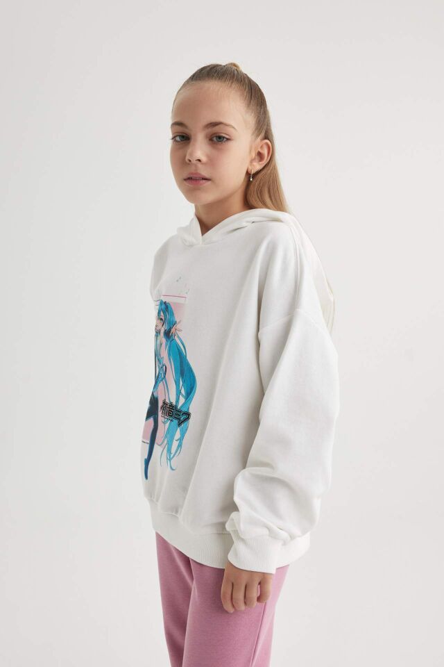 Kız Çocuk Hatsune Miku Oversize Geniş Kalıp Kapüşonlu Sweatshirt