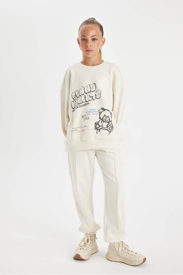 Kız Çocuk Oversize Geniş Kalıp Bisiklet Yaka Ayıcık Baskılı Sweatshirt