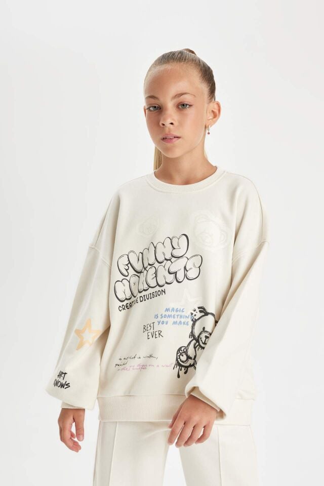 Kız Çocuk Oversize Geniş Kalıp Bisiklet Yaka Ayıcık Baskılı Sweatshirt
