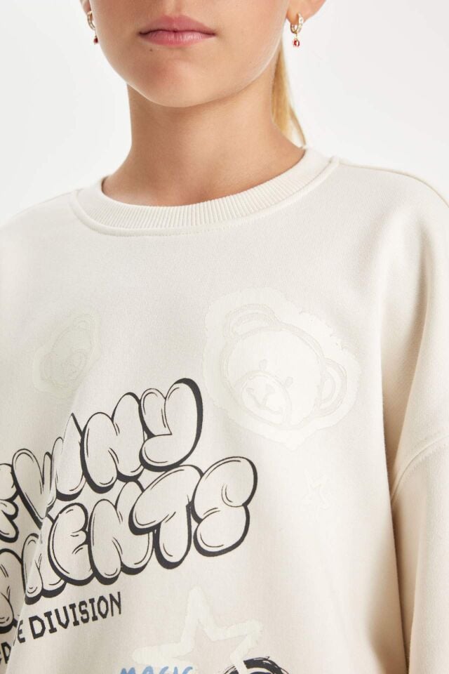 Kız Çocuk Oversize Geniş Kalıp Bisiklet Yaka Ayıcık Baskılı Sweatshirt