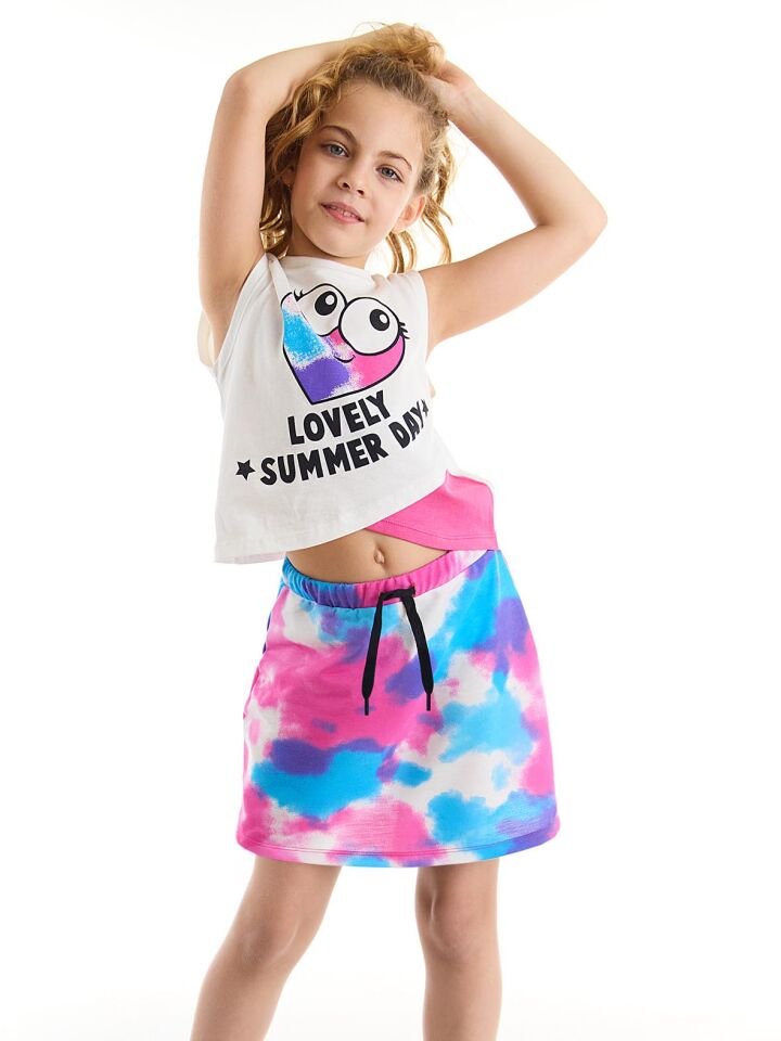 Kalp Batik Kız Çocuk T-Shirt Batik Etek Takım 5 Y - Pembe, Beyaz, Mavi