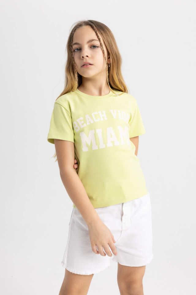 Kız Çocuk Slim Fit Dar Kesim Bisiklet Yaka Baskılı Fitilli Kaşkorse Kısa Kollu Tişört