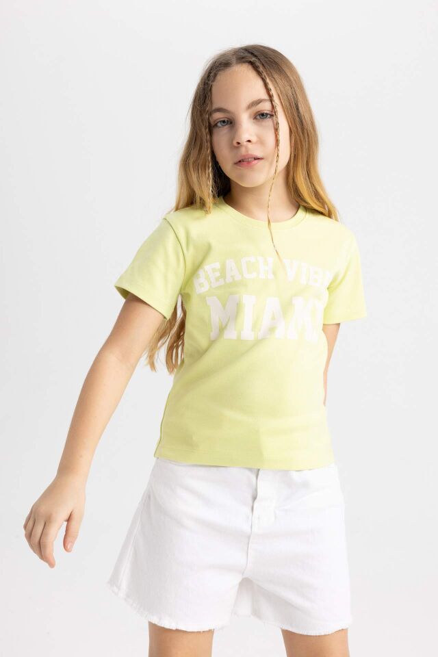 Kız Çocuk Slim Fit Dar Kesim Bisiklet Yaka Baskılı Fitilli Kaşkorse Kısa Kollu Tişört
