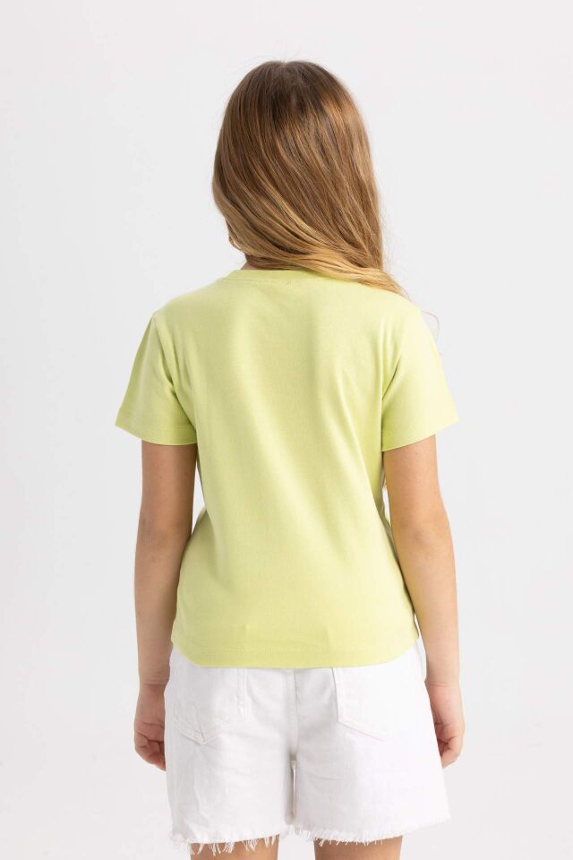 Kız Çocuk Slim Fit Dar Kesim Bisiklet Yaka Baskılı Fitilli Kaşkorse Kısa Kollu Tişört
