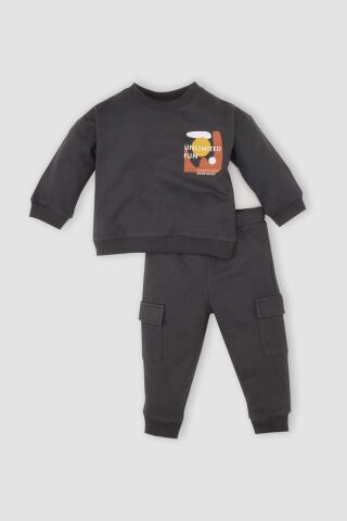Erkek Bebek 2'li Takım Bisiklet Yaka Baskılı Sweatshirt Beli Lastikli Kargo Cepli Eşofman Altı