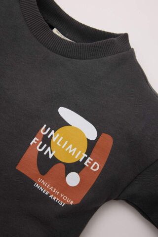 Erkek Bebek 2'li Takım Bisiklet Yaka Baskılı Sweatshirt Beli Lastikli Kargo Cepli Eşofman Altı