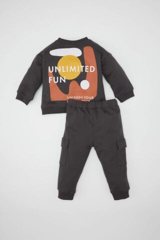Erkek Bebek 2'li Takım Bisiklet Yaka Baskılı Sweatshirt Beli Lastikli Kargo Cepli Eşofman Altı