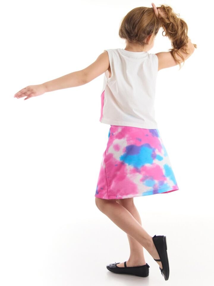 Kalp Batik Kız Çocuk T-Shirt Batik Etek Takım 6 Y - Pembe, Beyaz, Mavi