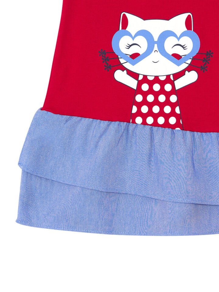 Kedi Fırfırlı Kırmızı Kız Çocuk Elbise 6 Y - Kırmızı, Mavi