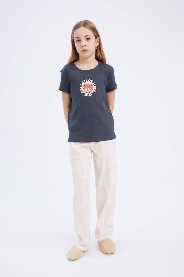 Kız Çocuk Pijama Takımı Fitilli Kaşkorse Baskılı Kısa Kollu Üst Uzun Alt