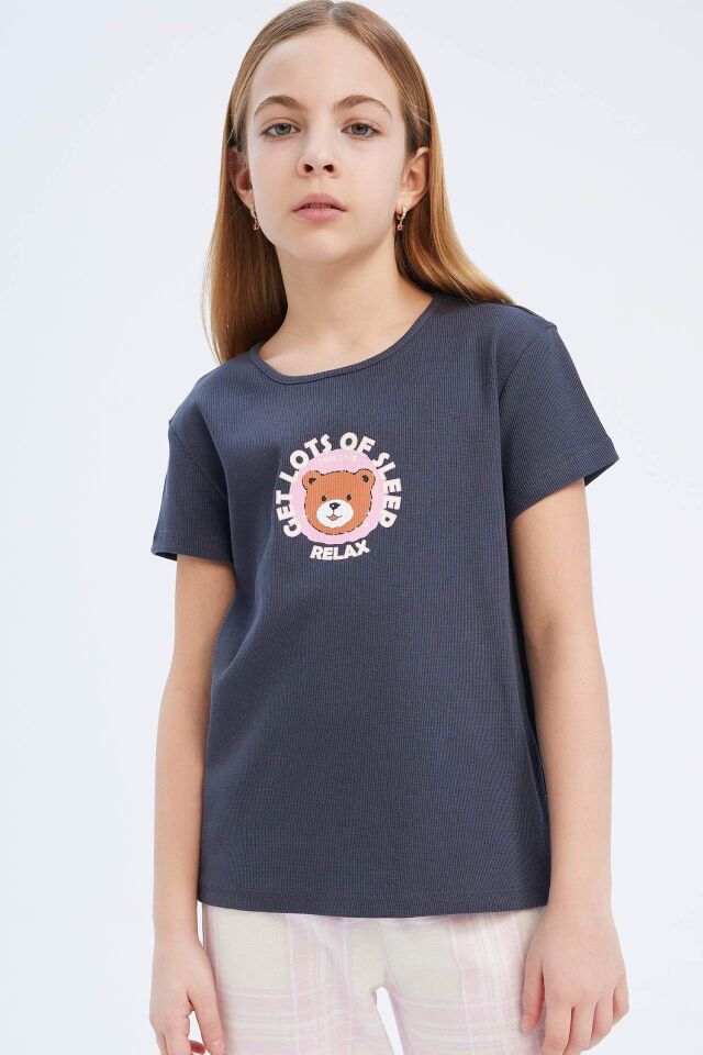 Kız Çocuk Pijama Takımı Fitilli Kaşkorse Baskılı Kısa Kollu Üst Uzun Alt