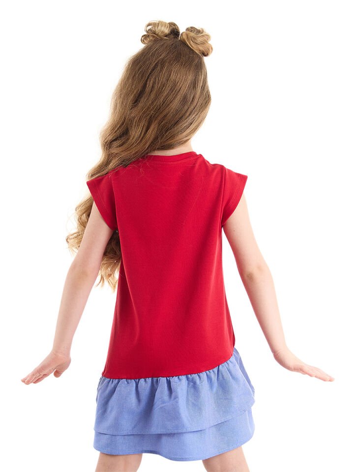 Kedi Fırfırlı Kırmızı Kız Çocuk Elbise 7 Y - Kırmızı, Mavi