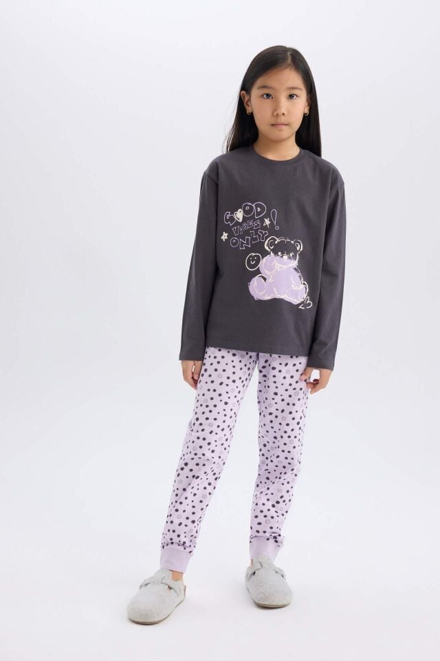 Kız Çocuk Pijama Takımı Baskılı Uzun Kollu Üst Esnek Belli Desenli Uzun Alt
