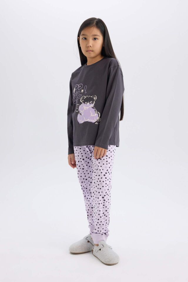 Kız Çocuk Pijama Takımı Baskılı Uzun Kollu Üst Esnek Belli Desenli Uzun Alt