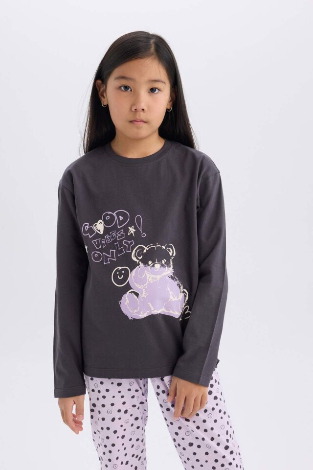 Kız Çocuk Pijama Takımı Baskılı Uzun Kollu Üst Esnek Belli Desenli Uzun Alt