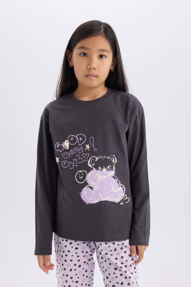 Kız Çocuk Pijama Takımı Baskılı Uzun Kollu Üst Esnek Belli Desenli Uzun Alt