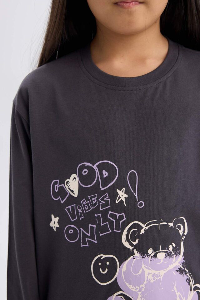 Kız Çocuk Pijama Takımı Baskılı Uzun Kollu Üst Esnek Belli Desenli Uzun Alt