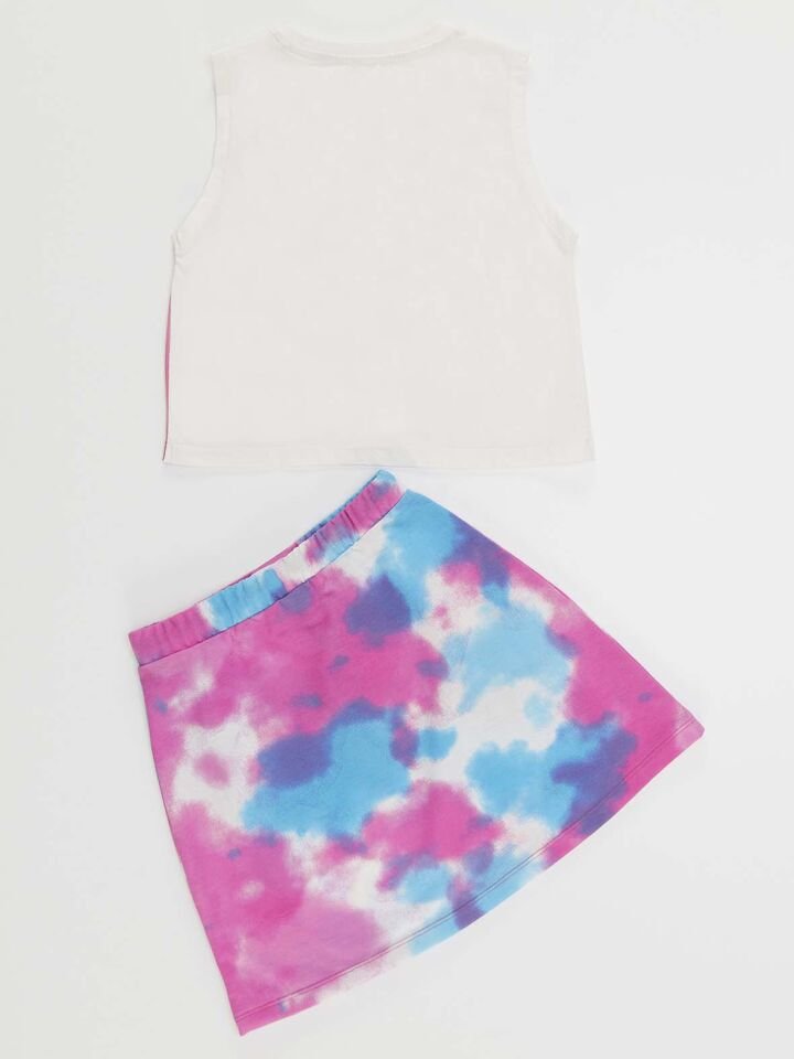 Kalp Batik Kız Çocuk T-Shirt Batik Etek Takım 9 Y - Pembe, Beyaz, Mavi