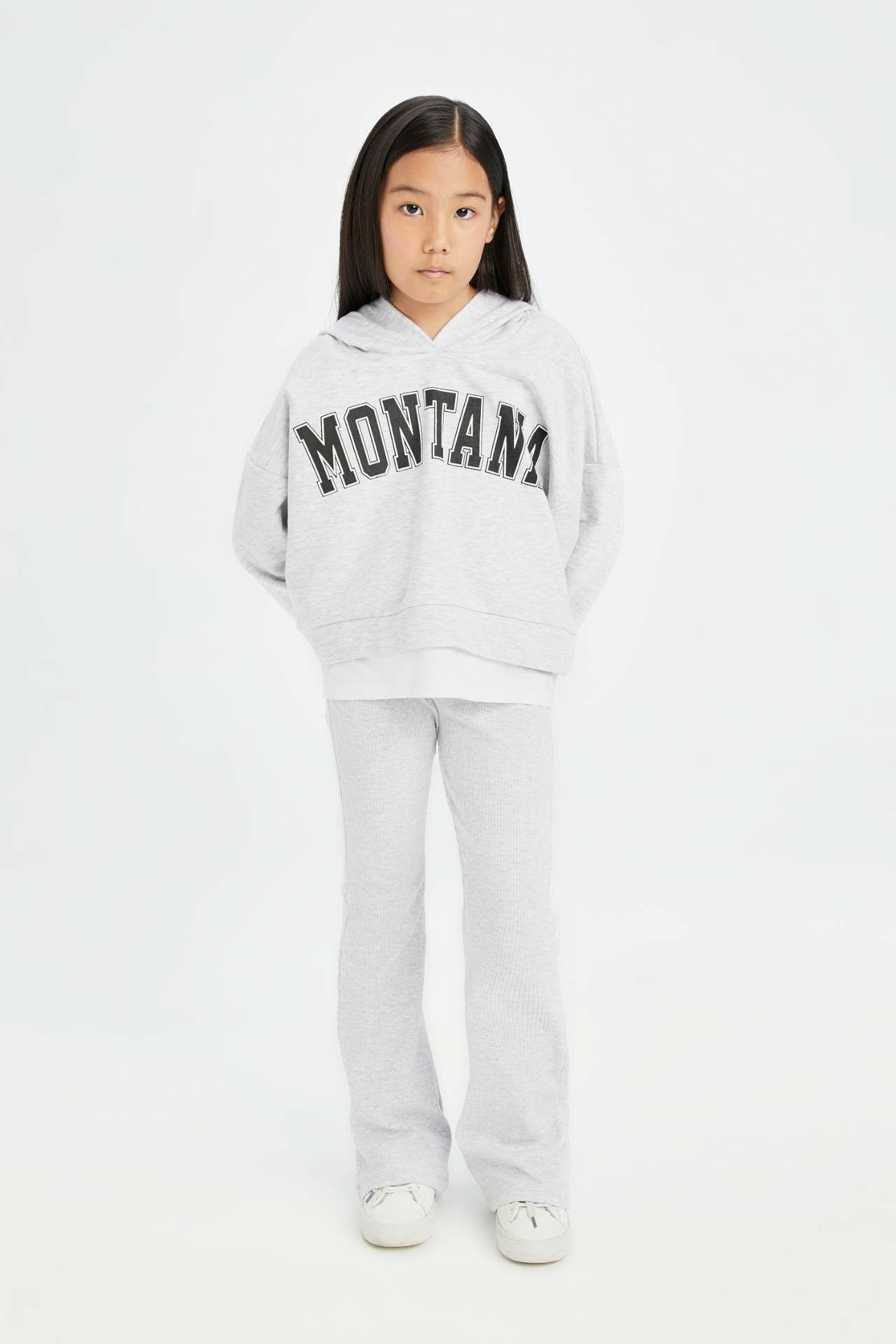 Kız Çocuk 2'li Takım Baskılı Kapüşonlu Sweatshirt İspanyol Paça Tayt
