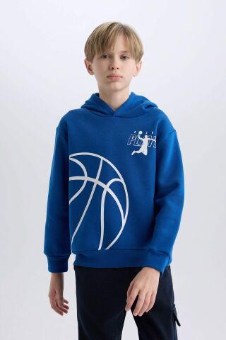 Erkek Çocuk Kapüşonlu Spor Baskılı Kalın Sweatshirt