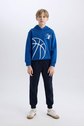 Erkek Çocuk Kapüşonlu Spor Baskılı Kalın Sweatshirt