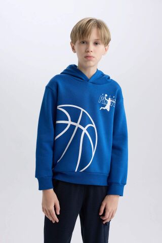 Erkek Çocuk Kapüşonlu Spor Baskılı Kalın Sweatshirt
