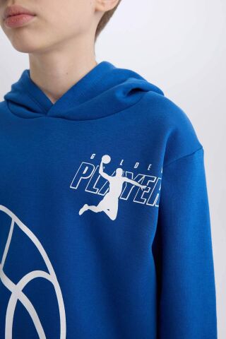 Erkek Çocuk Kapüşonlu Spor Baskılı Kalın Sweatshirt