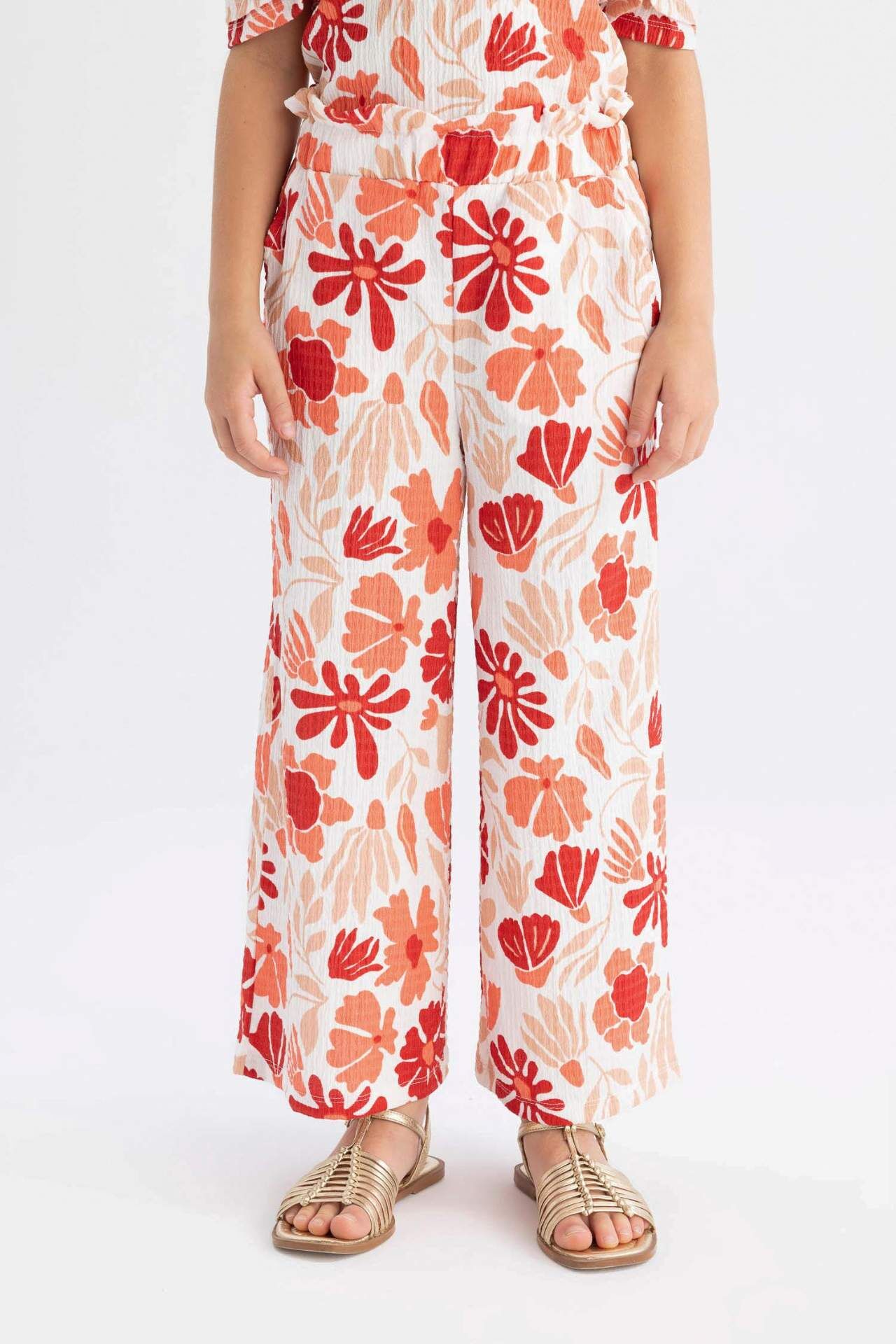 Kız Çocuk Wide Leg Geniş Bol Paça Çiçekli Beli Lastikli Bürümcük Pantolon
