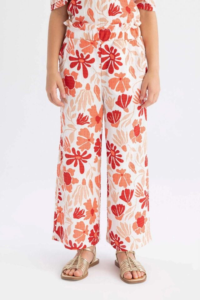 Kız Çocuk Wide Leg Geniş Bol Paça Çiçekli Beli Lastikli Bürümcük Pantolon