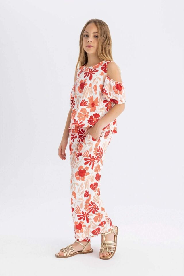 Kız Çocuk Wide Leg Geniş Bol Paça Çiçekli Beli Lastikli Bürümcük Pantolon