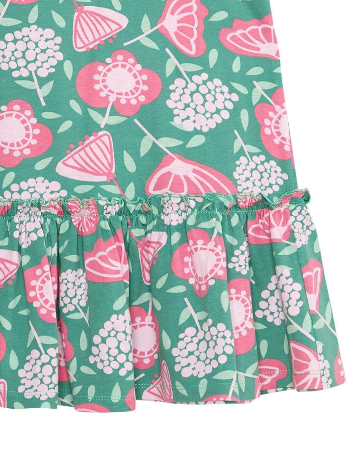 Pembe Çiçekli Kız Çocuk Yeşil Fırfırlı Elbise