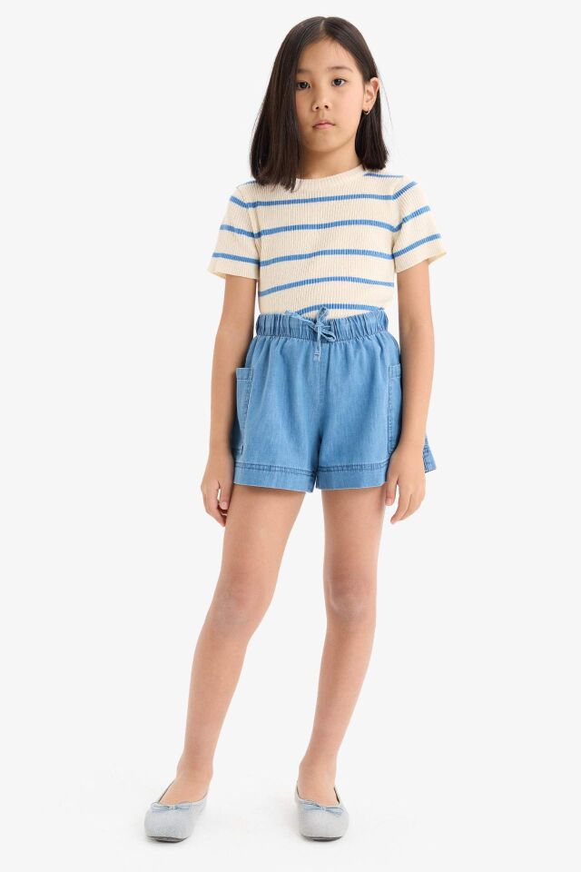Kız Çocuk Cropped Fit Bisiklet Yaka Çizgili Kısa Kollu Kazak