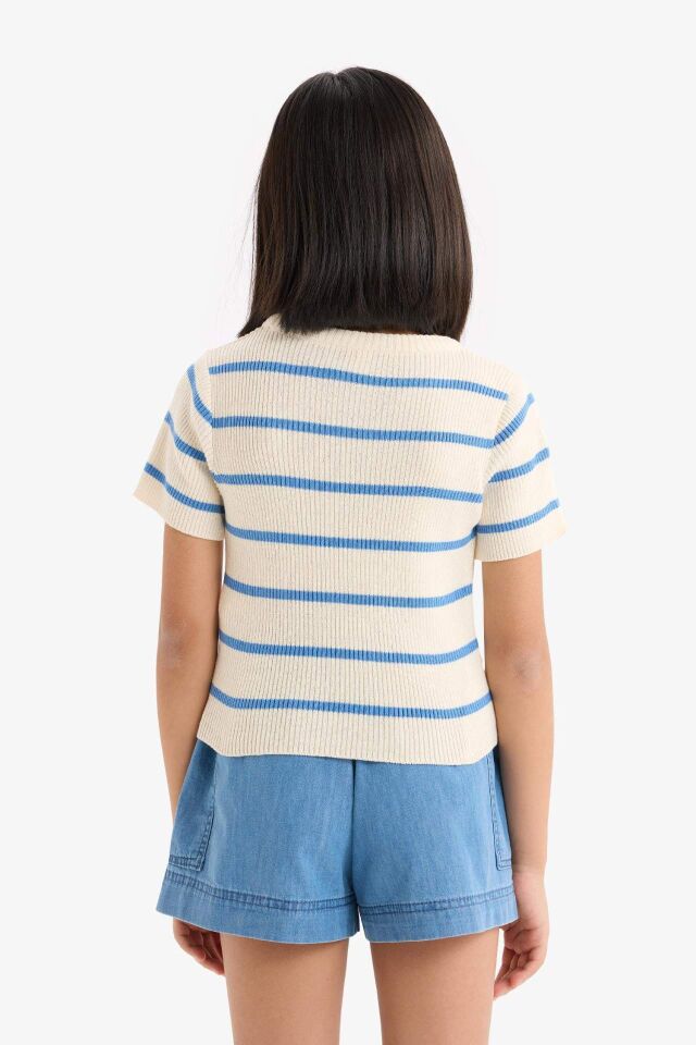 Kız Çocuk Cropped Fit Bisiklet Yaka Çizgili Kısa Kollu Kazak