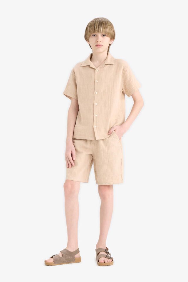Erkek Çocuk Oversize Geniş Kalıp Polo Yaka Müslin Kısa Kollu Gömlek