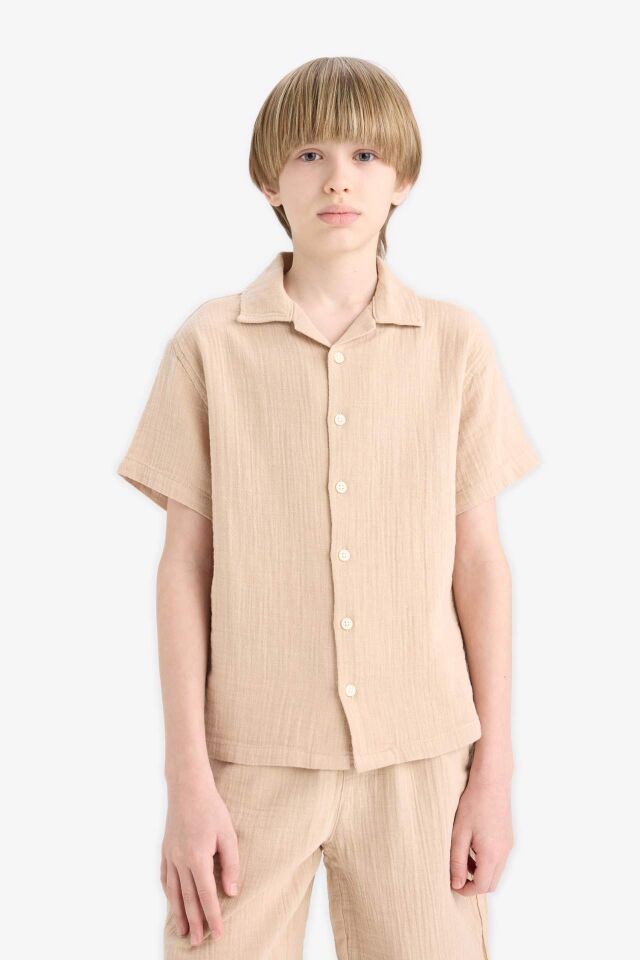 Erkek Çocuk Oversize Geniş Kalıp Polo Yaka Müslin Kısa Kollu Gömlek