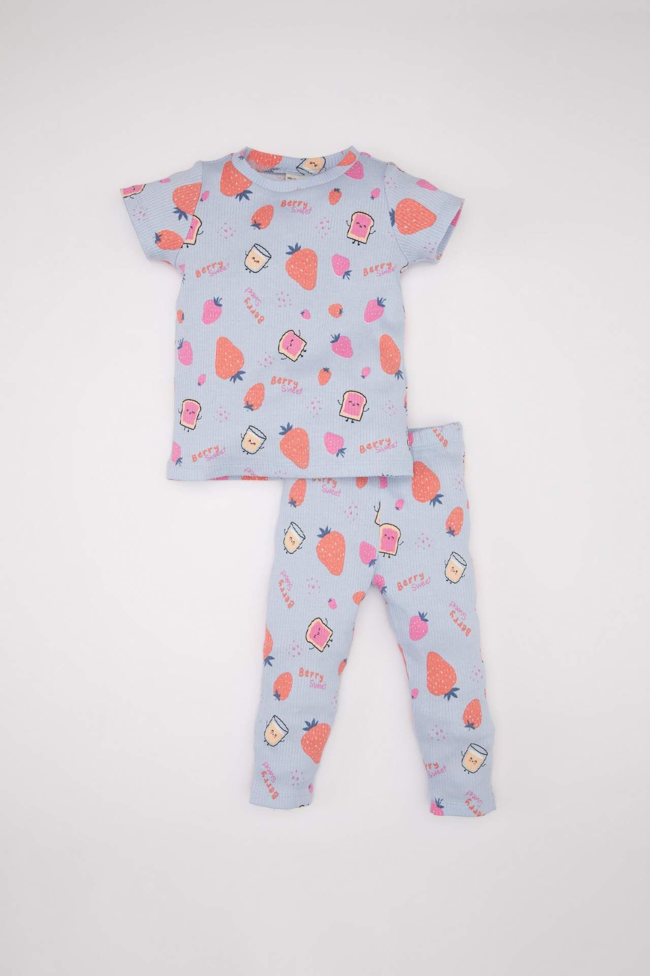 Kız Bebek Pijama Takımı Fitilli Kaşkorse Desenli Kısa Kollu Üst Uzun Alt