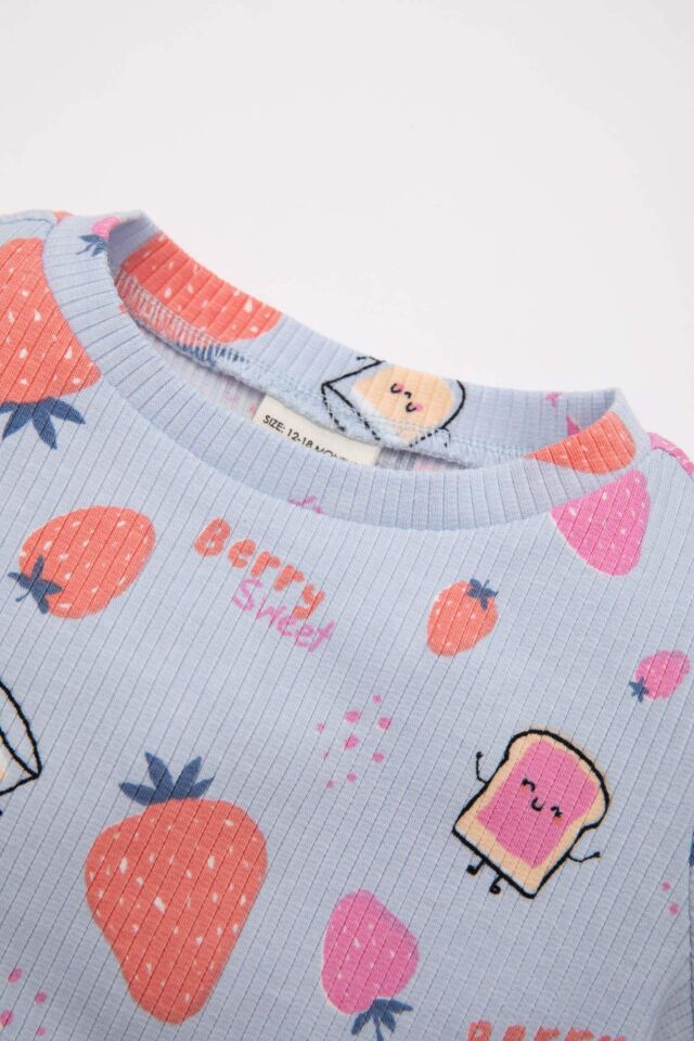 Kız Bebek Pijama Takımı Fitilli Kaşkorse Desenli Kısa Kollu Üst Uzun Alt