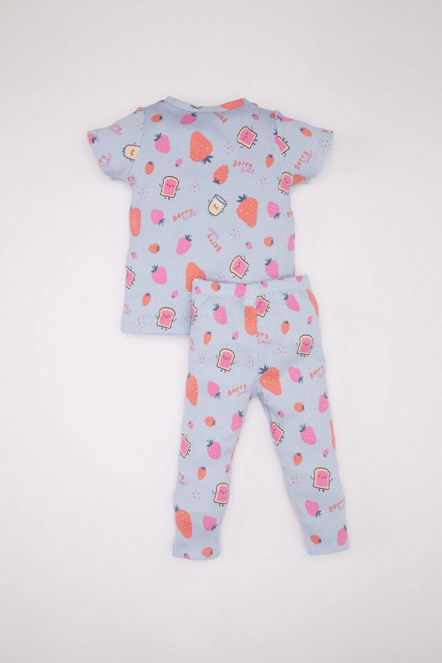 Kız Bebek Pijama Takımı Fitilli Kaşkorse Desenli Kısa Kollu Üst Uzun Alt