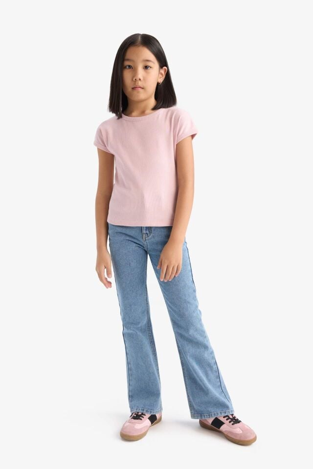 Kız Çocuk Slim Fit Dar Kesim Bisiklet Yaka Basic Düz Fitilli Kaşkorse Kısa Kollu Tişört