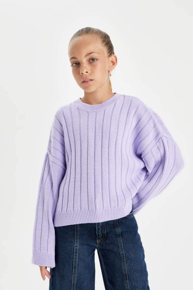 Kız Çocuk Oversize Geniş Kalıp Bisiklet Yaka Basic Düz Triko Kazak