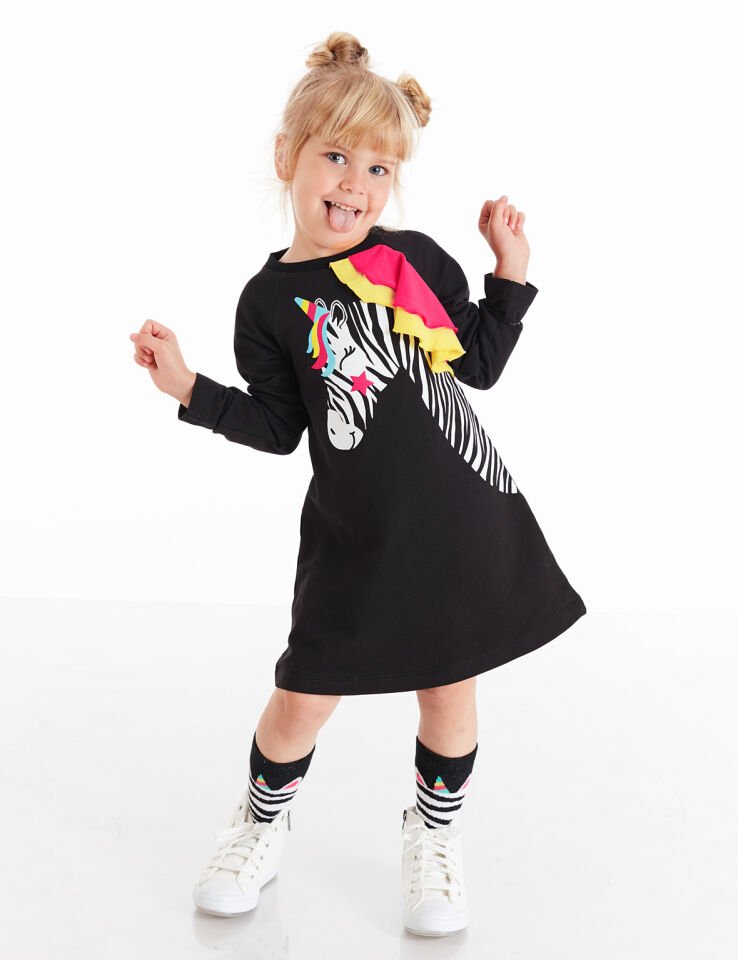 Unicorn Zebra Kız Çocuk Elbise 4 Y - Siyah