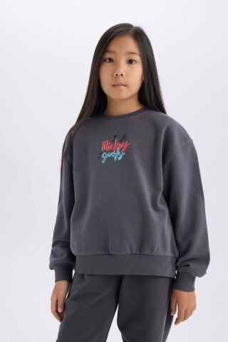 Kız Çocuk Disney Mickey Mouse &Friends Oversize Geniş Kalıp Kapüşonlu Sırt Baskılı Sweatshirt