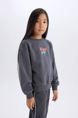 Kız Çocuk Disney Mickey Mouse &Friends Oversize Geniş Kalıp Kapüşonlu Sırt Baskılı Sweatshirt
